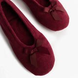 Totes Isotoner STRETCH TERRY BOW Womens Ballerina Slippers Burgundy, top view showing soft terry material and bow detail.