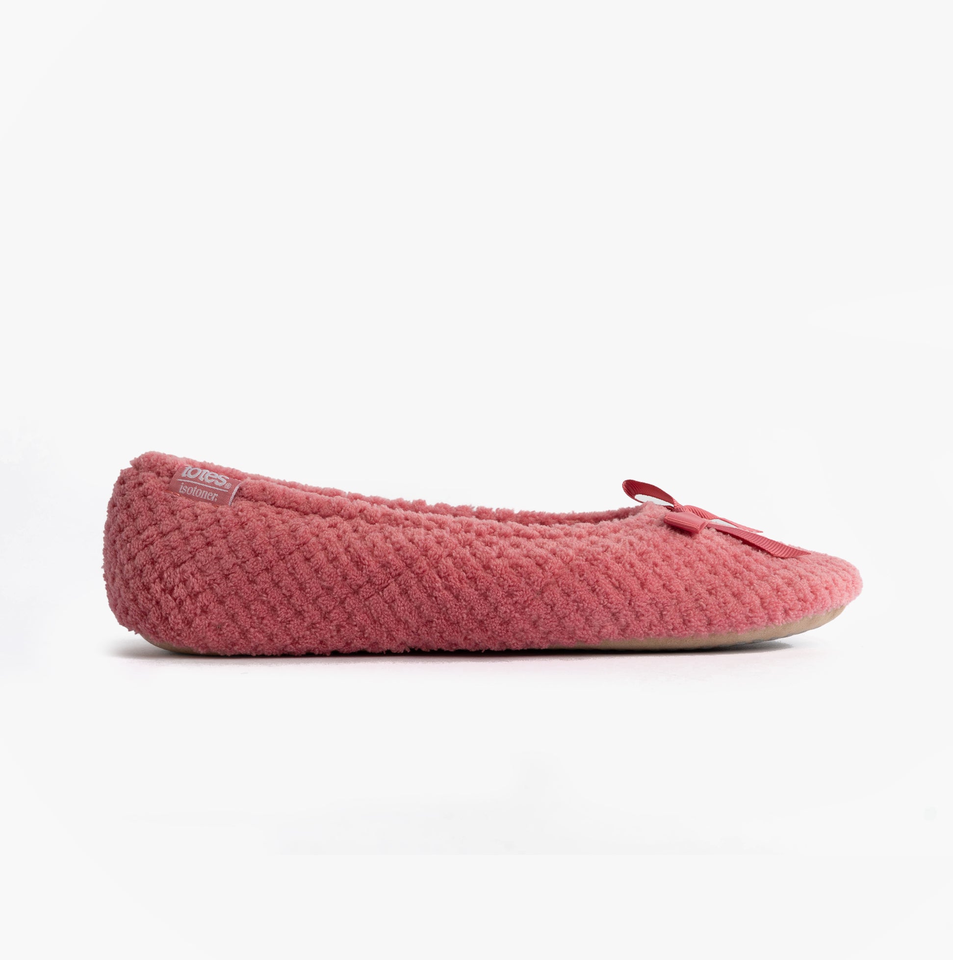 Totes Isotoner POPCORN BALLET Womens Ballerina Slippers Bright Pink side view showcasing soft textured upper and bow detail.