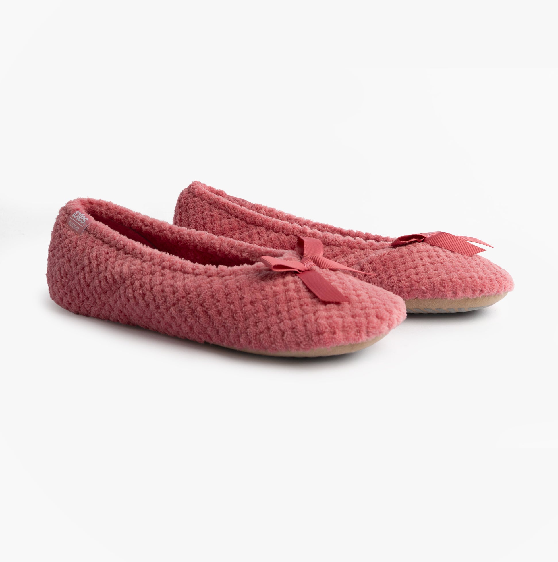 Totes Isotoner POPCORN BALLET Womens Ballerina Slippers Bright Pink side view with bow detail.