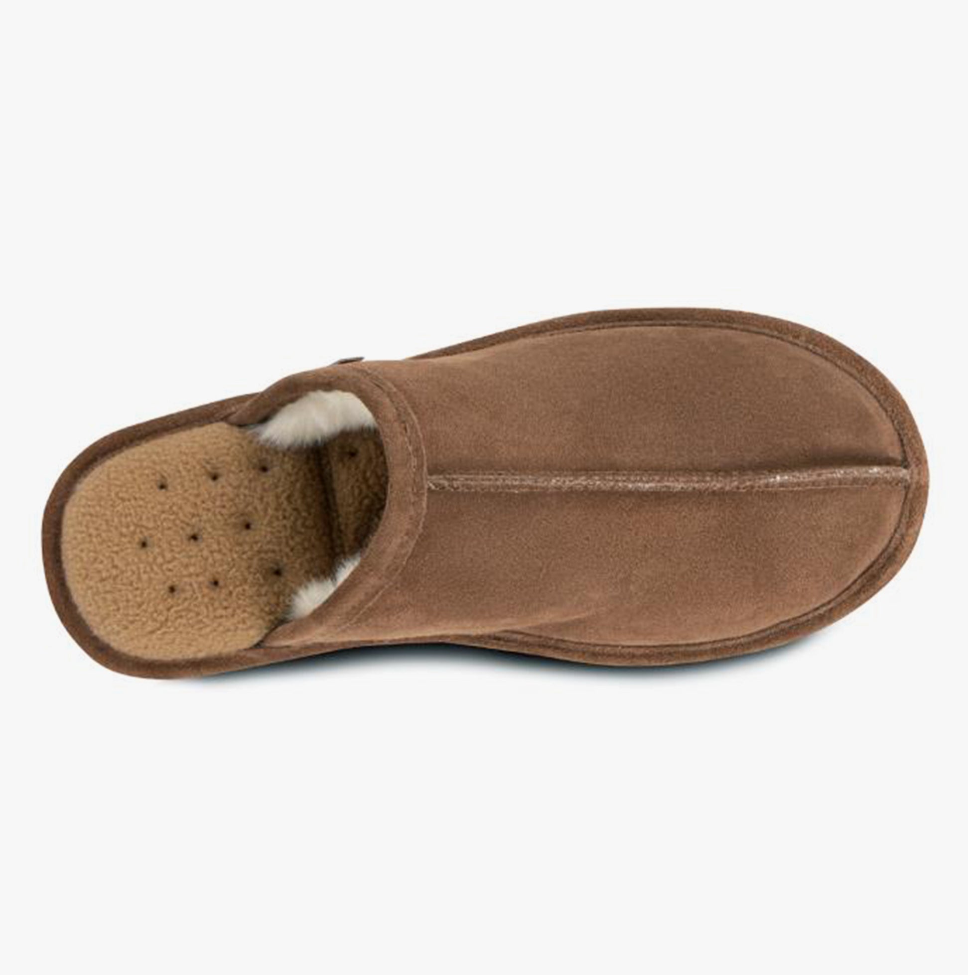 Totes Isotoner REAL SUEDE MULE Mens Memory Foam Slippers Tan top view showcasing the suede upper and cozy lining.