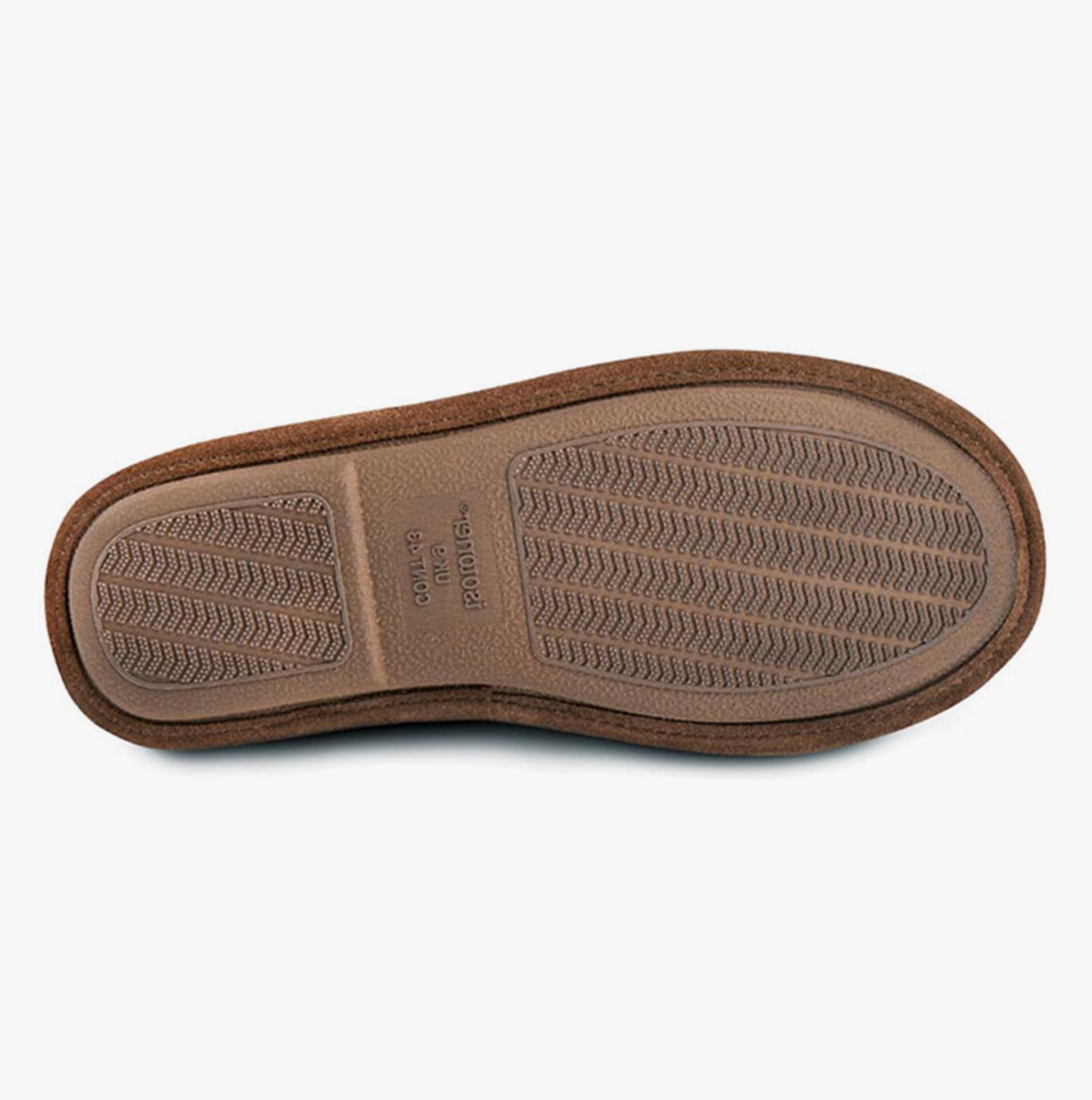 Totes Isotoner REAL SUEDE MULE Mens Memory Foam Slippers Tan bottom view showing textured sole for grip and comfort.