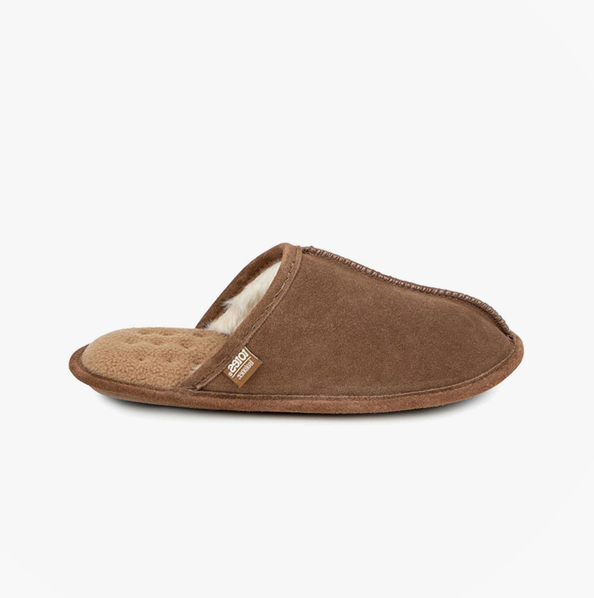 Totes Isotoner REAL SUEDE MULE Mens Memory Foam Slippers Tan side view showing soft suede upper and cushioned footbed.
