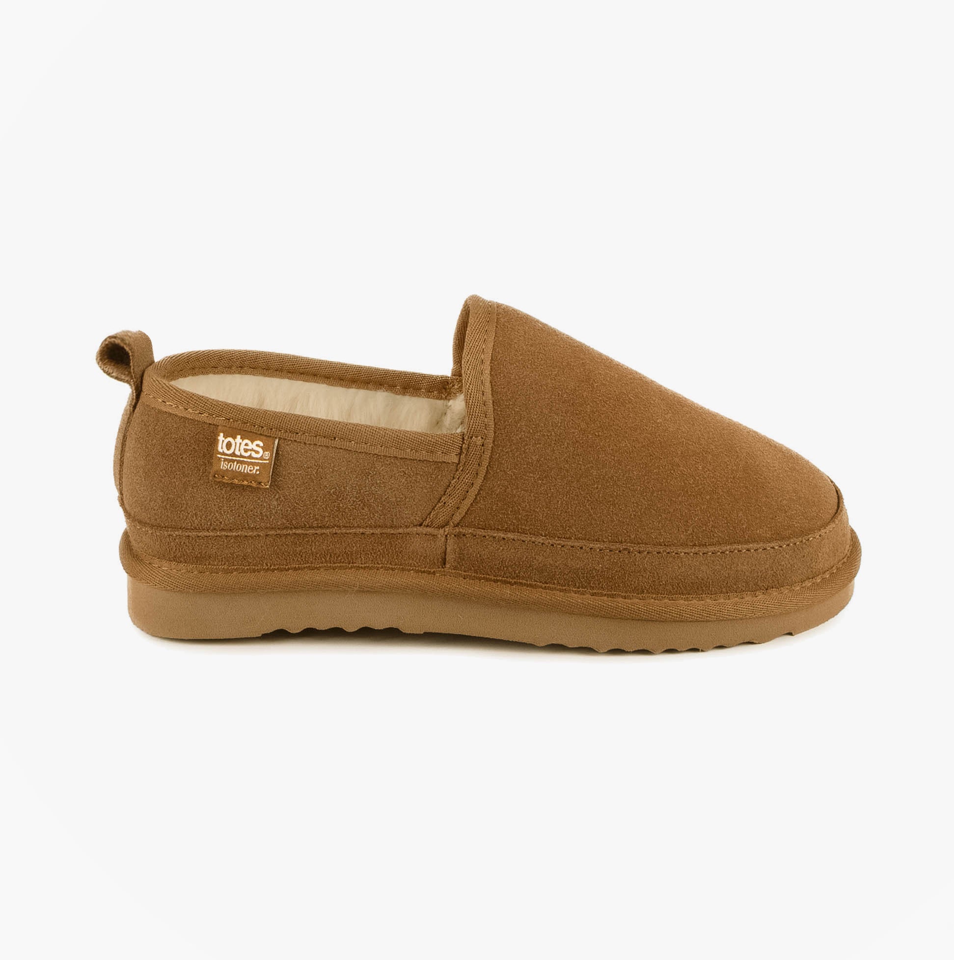 Totes Isotoner REAL SUEDE FULL BACK Mens Full Back Slippers Tan side view showing suede upper and slip-on design.