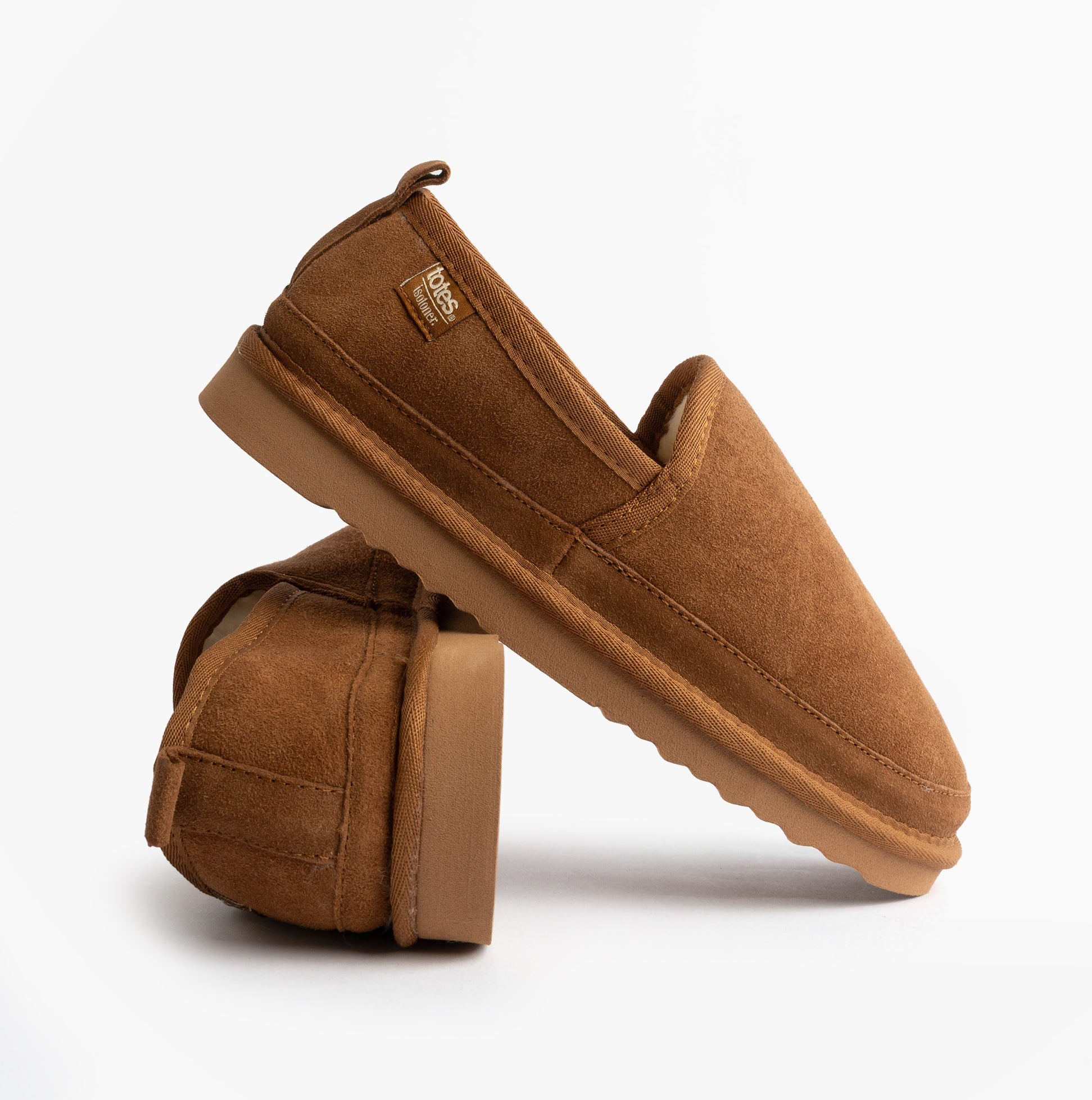 Totes Isotoner REAL SUEDE FULL BACK Mens Full Back Slippers Tan side view and front view showcasing the suede finish.