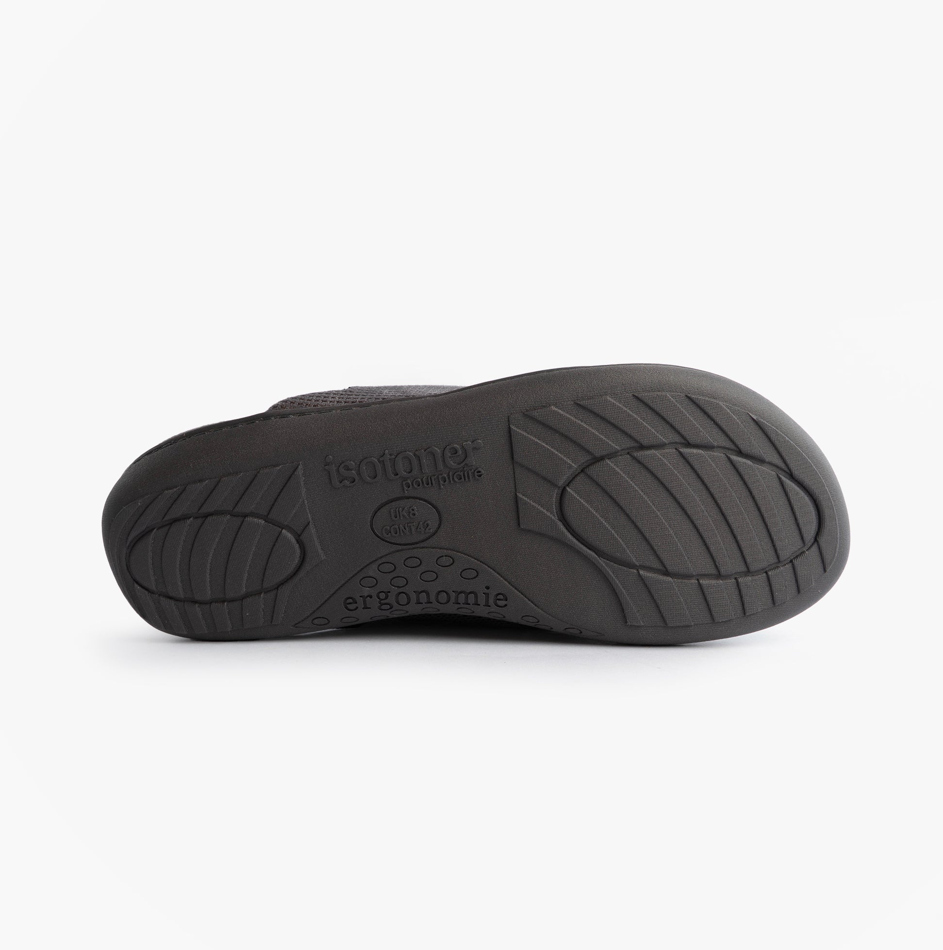 Totes Isotoner SQUARE PATTERNED SMART MULE Mens Mule Slippers Grey bottom view showing textured sole design