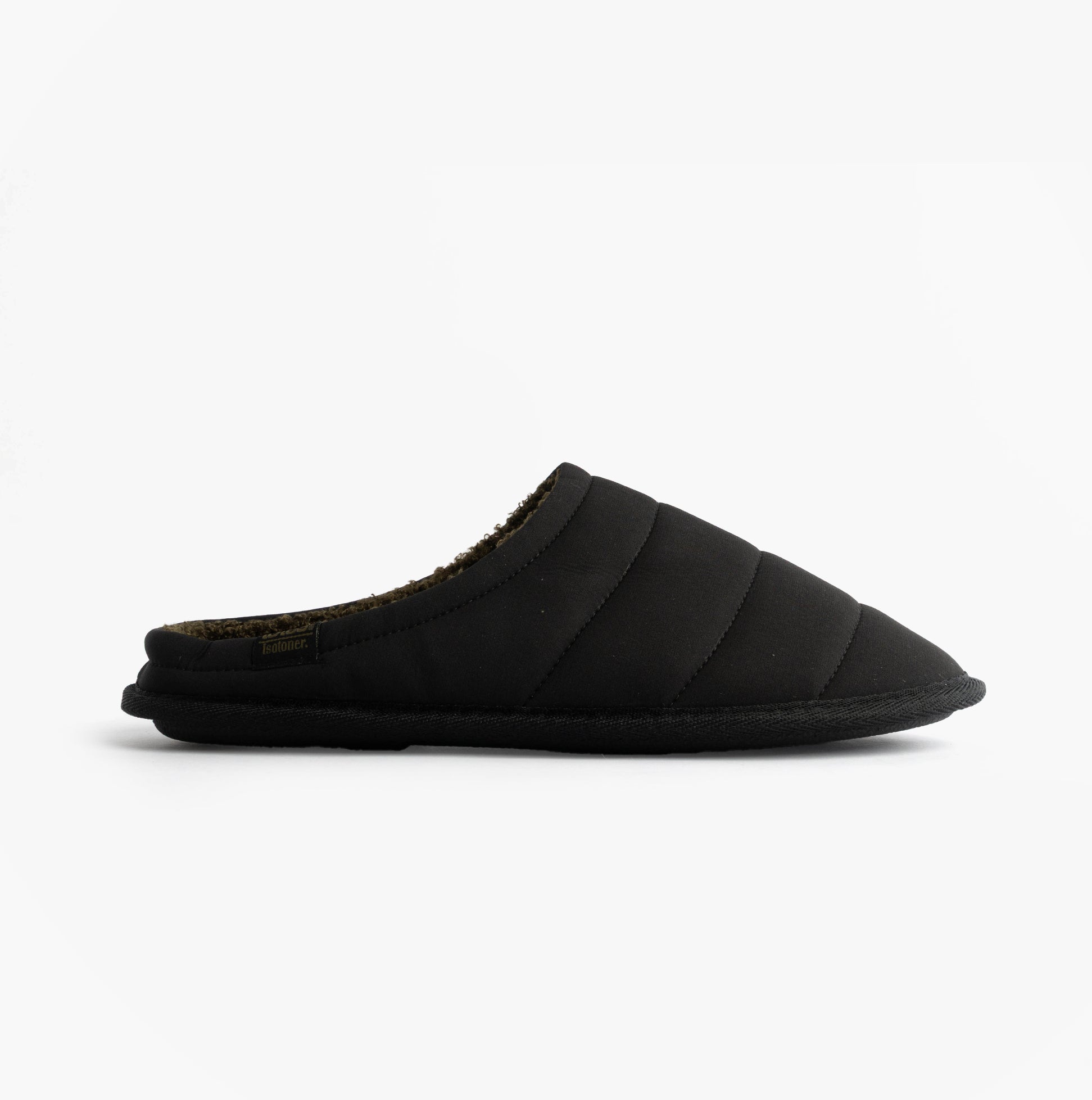 Totes Isotoner SPORT QUILTED MULE WITH COSY LINING Mens Mule Slippers Black side view showing cozy lining and quilted design.
