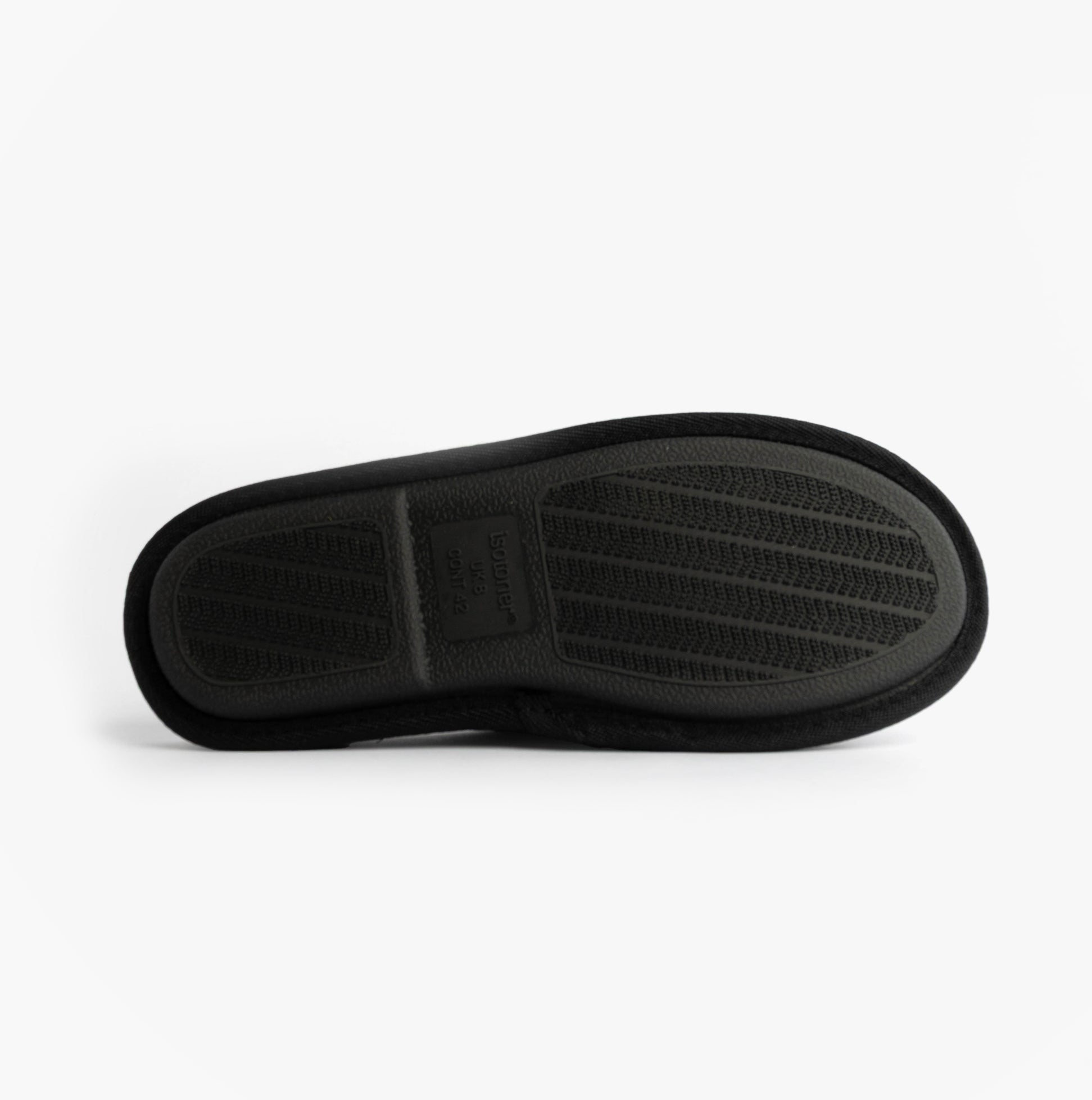 Totes Isotoner SPORT QUILTED MULE WITH COSY LINING Mens Mule Slippers Black bottom view showing TPR sole texture.