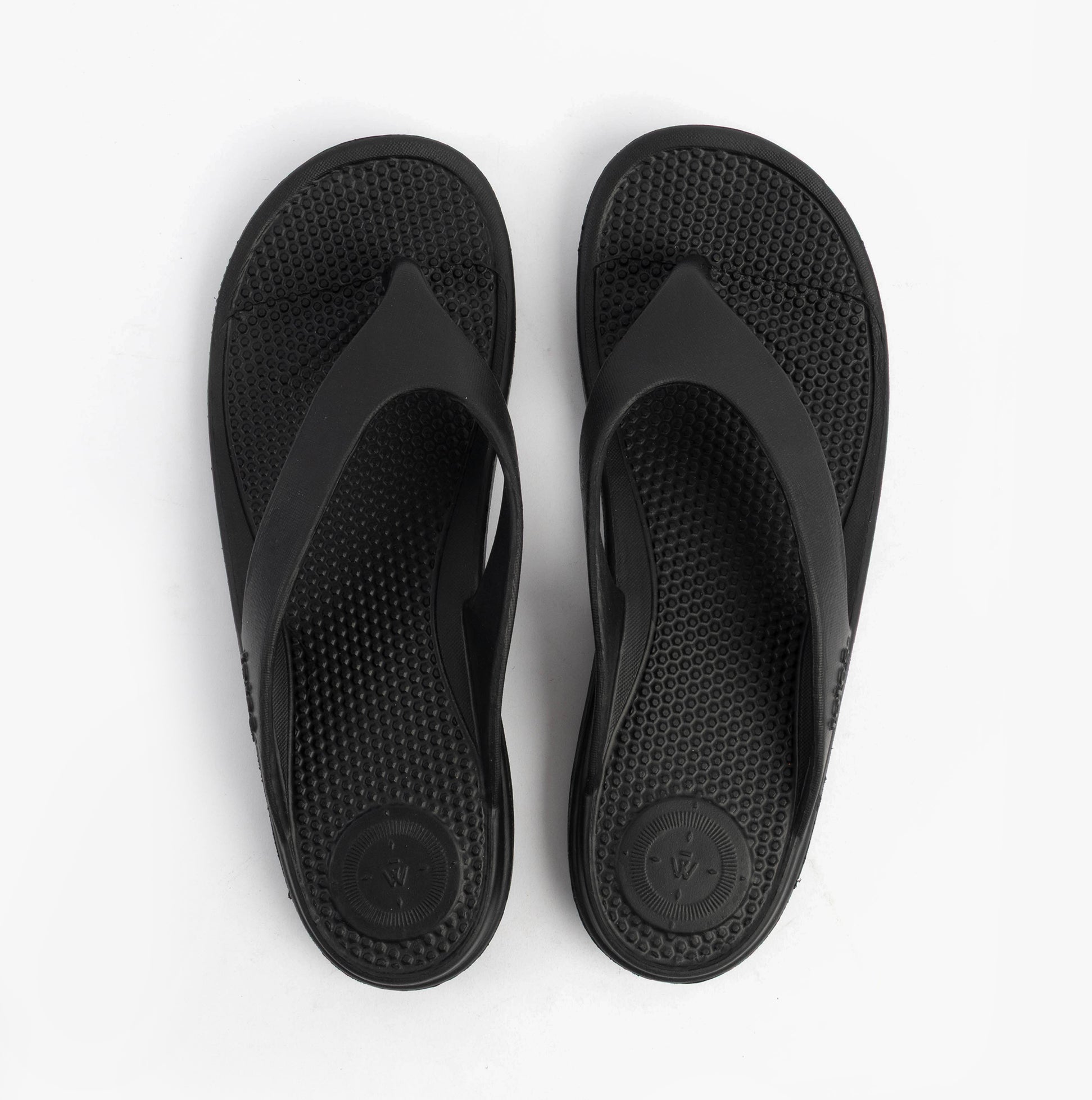 Totes Sol Bounce 0350FBLK Womens Toe Post Sandals Black top view showing black synthetic upper and textured footbed.