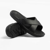 Totes Sol Bounce 0359FBLK Womens Cross Slides Black side view showing synthetic upper and EVA sole