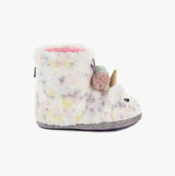 Totes Toasties MULTI FAUX FUR BOOT Slippers Kids Multi side view showing colorful fur and cute unicorn details.