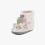 Totes Toasties MULTI FAUX FUR BOOT Slippers Kids Multi side view of colorful unicorn design slippers with pom-poms.