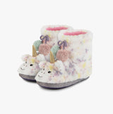 Totes Toasties MULTI FAUX FUR BOOT Slippers Kids Multi side view of colorful unicorn design slipper boots with pom poms.