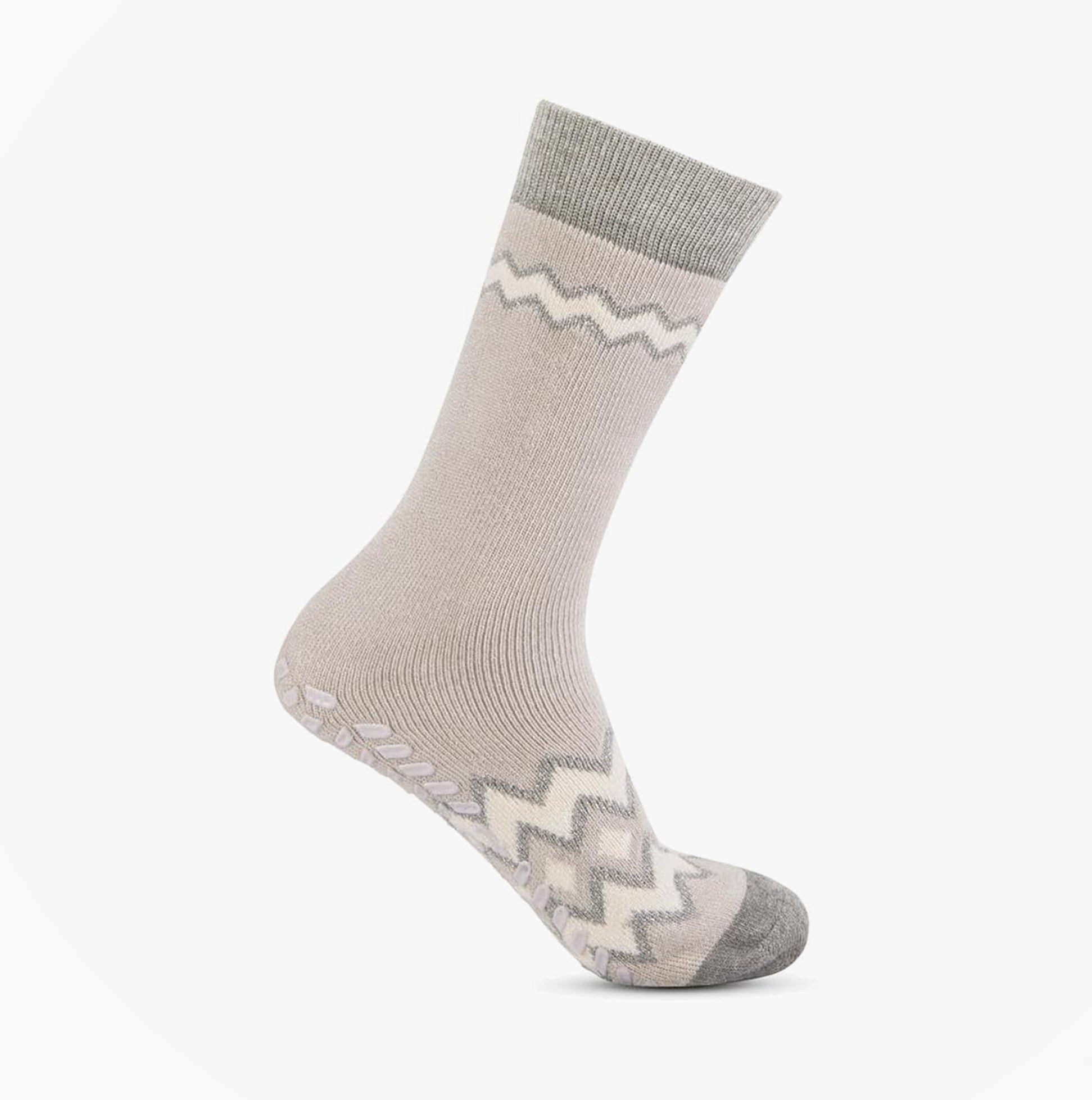 Totes Toasties ORIGINAL SLIPPER SOCKS (TWIN PACK) Womens Fairisle / Plain side view of cozy slipper sock with zigzag pattern.