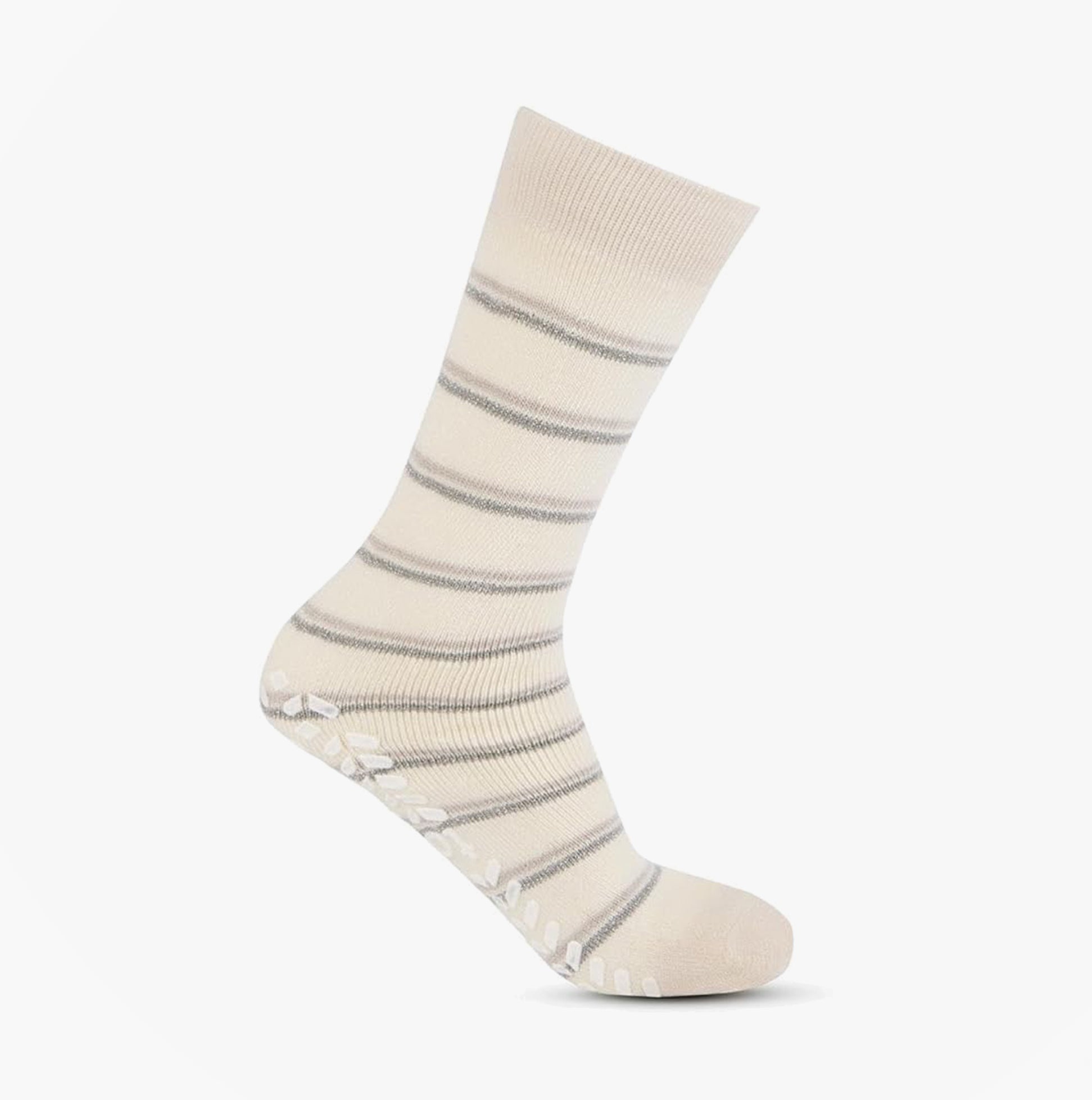 Totes Toasties ORIGINAL SLIPPER SOCKS (TWIN PACK) Womens Fairisle / Plain side view of cream and grey striped socks