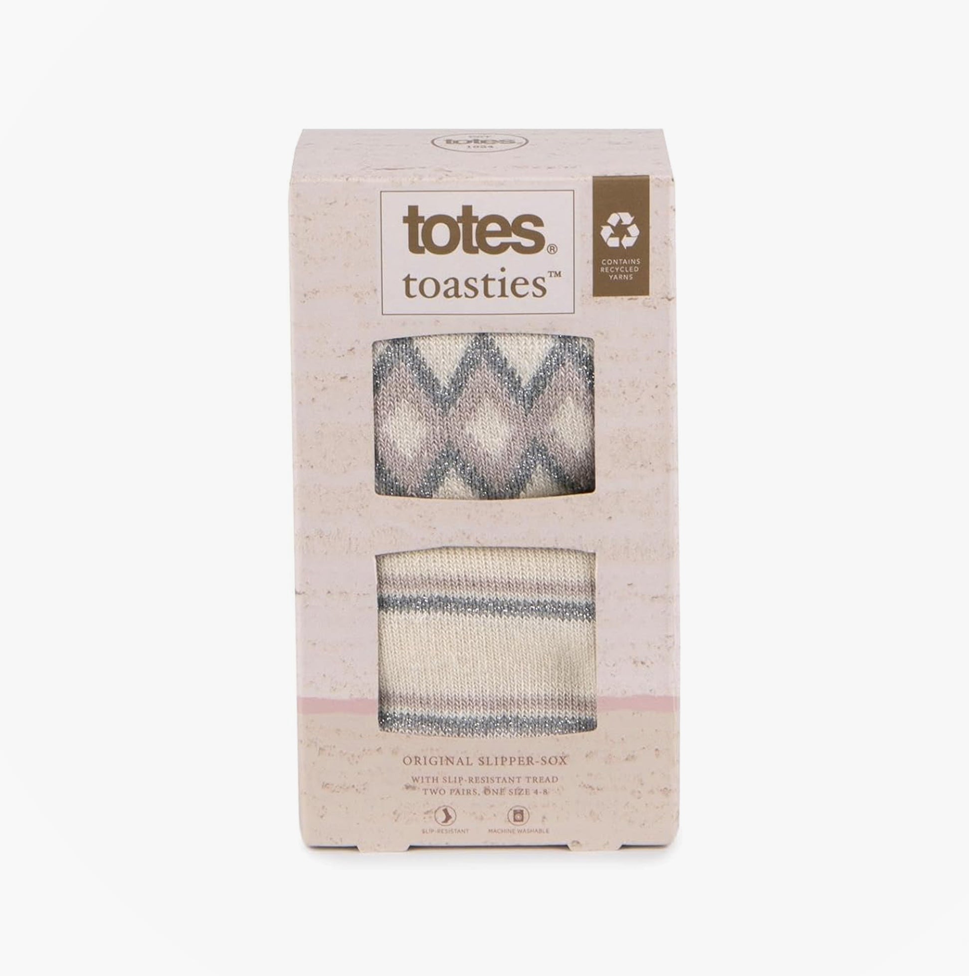 Totes Toasties ORIGINAL SLIPPER SOCKS (TWIN PACK) Womens Fairisle / Plain front view showing gift box packaging.