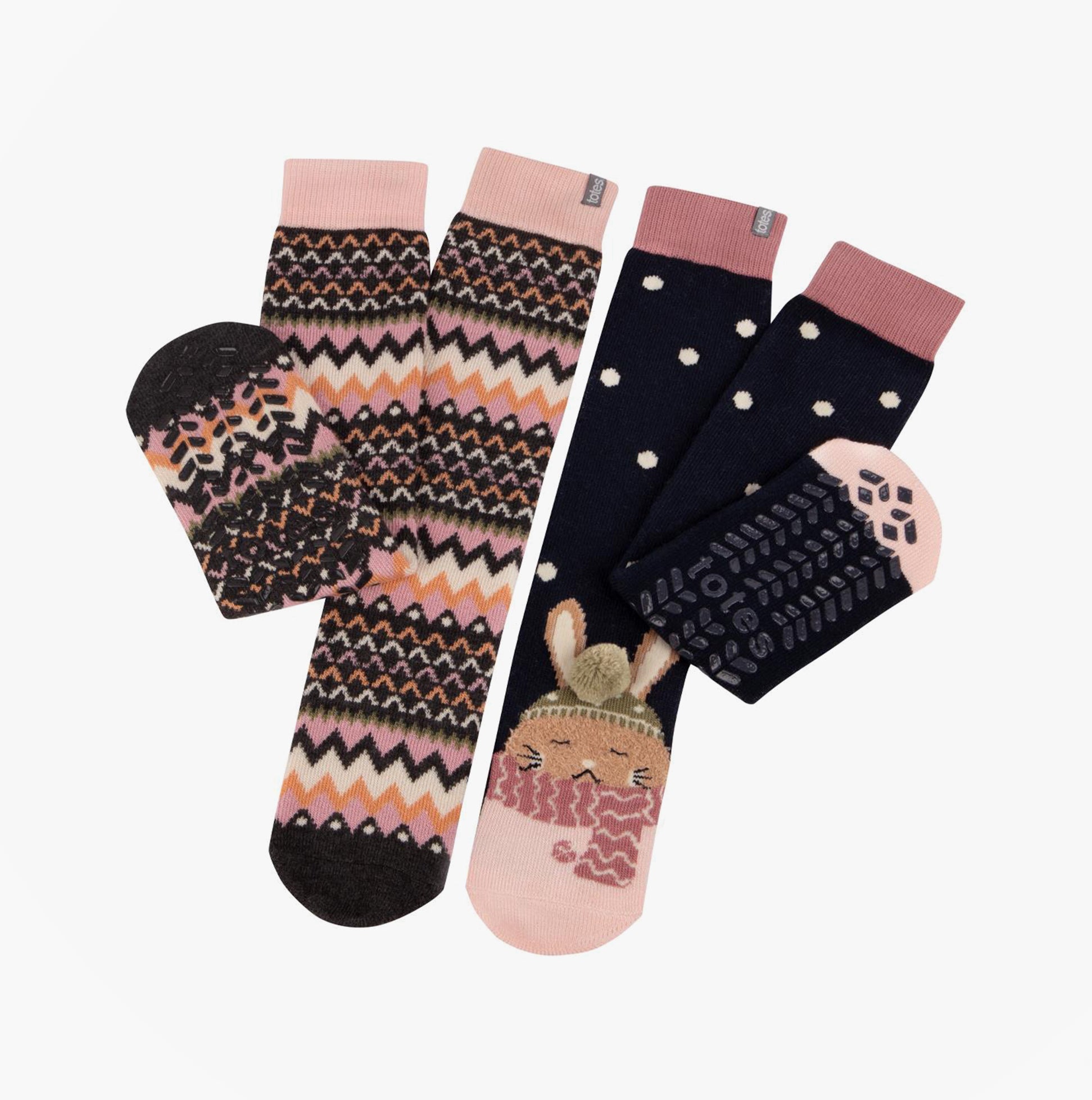 Totes Toasties ORIGINAL SLIPPER SOCKS (TWIN PACK) Womens Rabbit / Fairisle multi-view display showcasing sock designs and colors.
