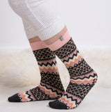 Totes Toasties ORIGINAL SLIPPER SOCKS (TWIN PACK) Womens Rabbit / Fairisle side view, featuring pink and black zigzag design.