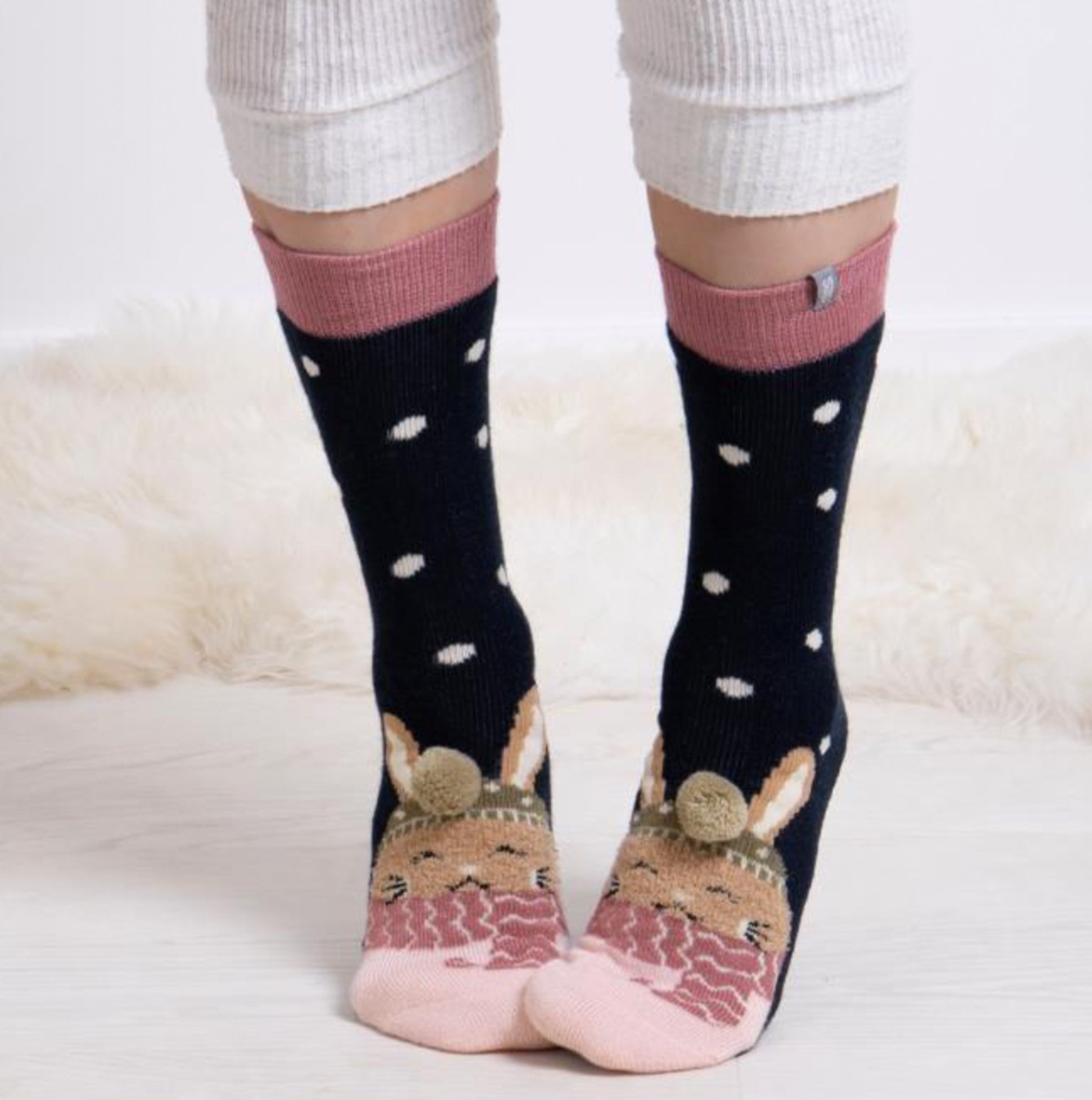 Totes Toasties ORIGINAL SLIPPER SOCKS (TWIN PACK) Womens Rabbit / Fairisle front view showing rabbit design and polka dots