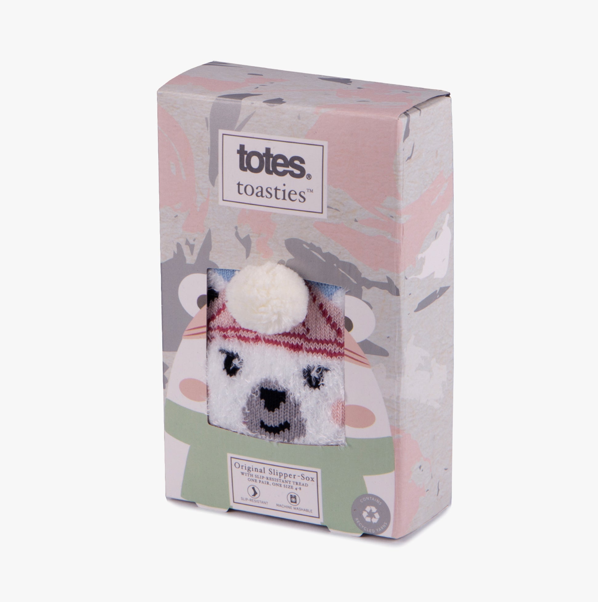 Totes Toasties SINGLE ORIGINAL SLIPPER SOCKS Womens Socks Polar Bear in gift box, front view with polar bear design.