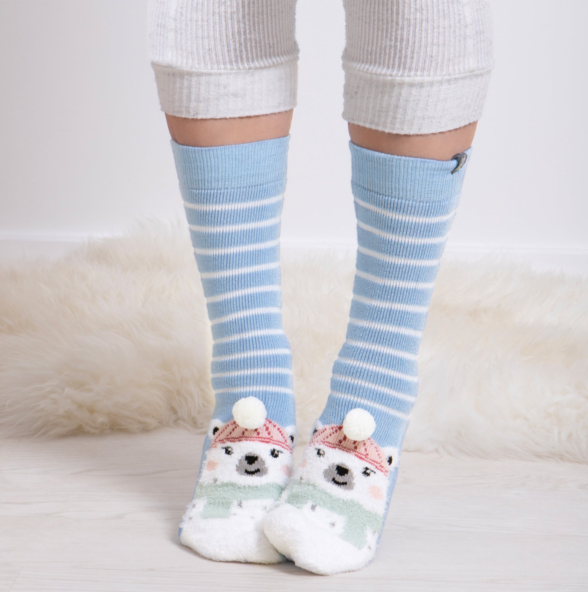 Totes Toasties SINGLE ORIGINAL SLIPPER SOCKS Womens Socks Polar Bear front view featuring fun polar bear design and striped patterns.