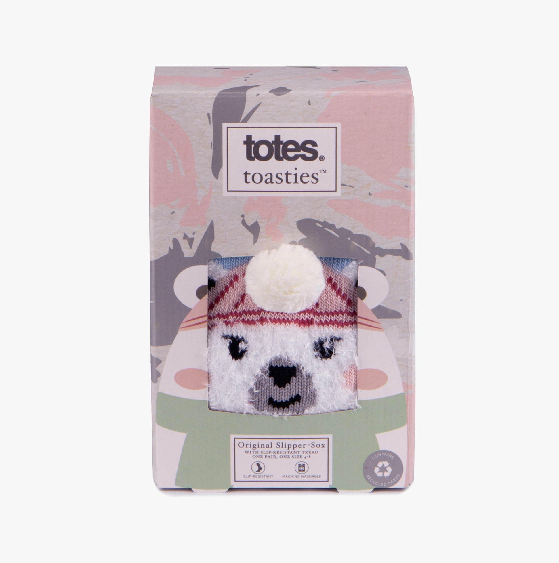 Totes Toasties SINGLE ORIGINAL SLIPPER SOCKS Womens Socks Polar Bear in gift box with colorful design and pom-pom top.