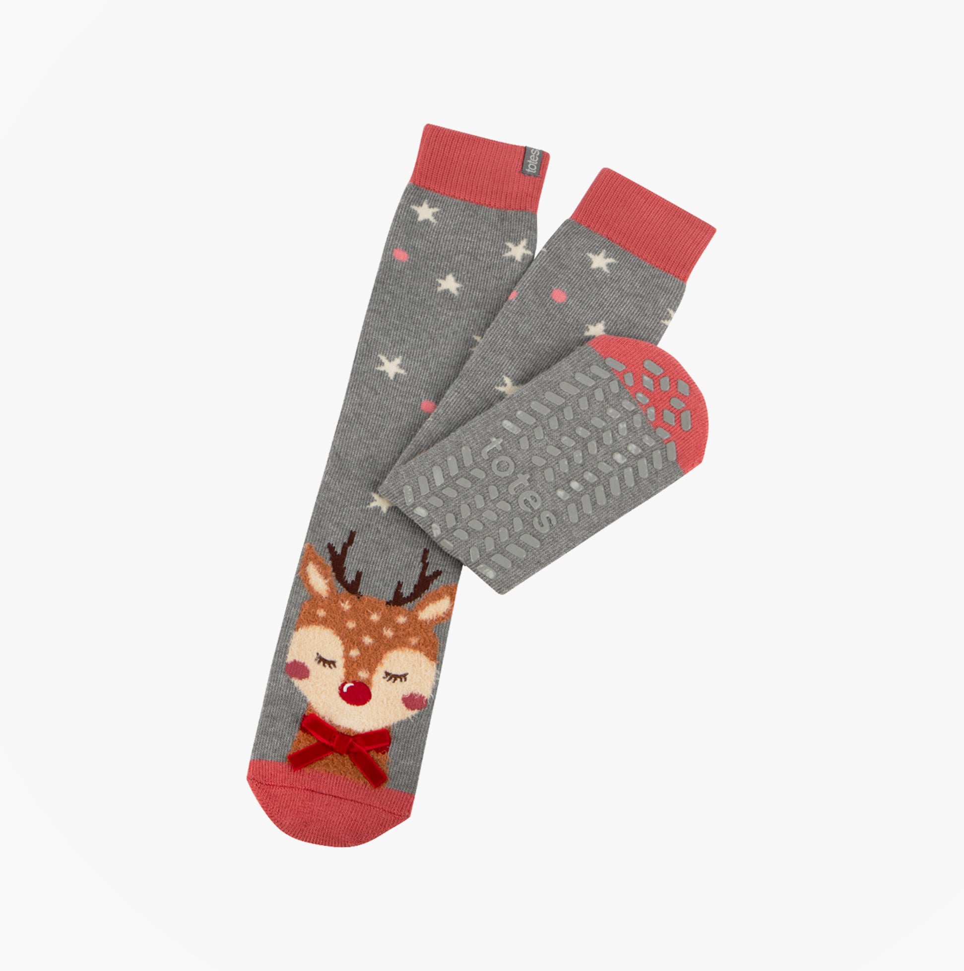 Totes Toasties SINGLE ORIGINAL SLIPPER SOCKS Womens Socks Reindeer side view showing cute reindeer design and slip-resistant tread.