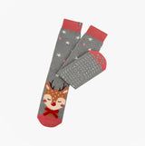 Totes Toasties SINGLE ORIGINAL SLIPPER SOCKS Womens Socks Reindeer side view showing cute reindeer design and slip-resistant tread.