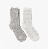 Totes Toasties FAIR ISLE & CHENILLE SUPERSOFT BED SOCKS (Twin Pack) Womens Socks Grey/Fair Isle side view of grey and white socks