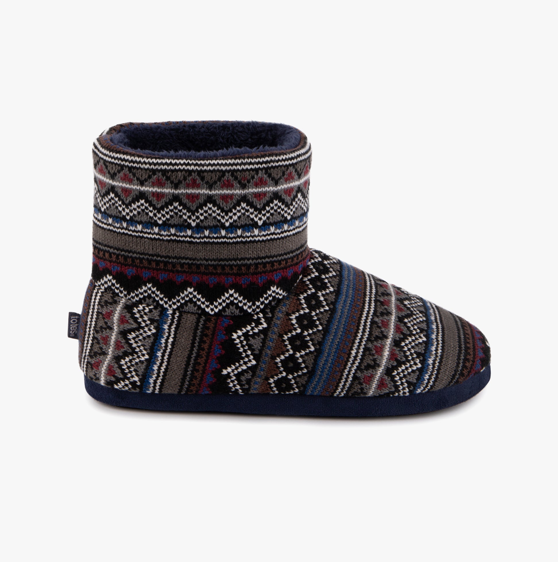 Totes Toasties FAIR ISLE BOOT Slippers Mens Multi side view with intricate patterns.
