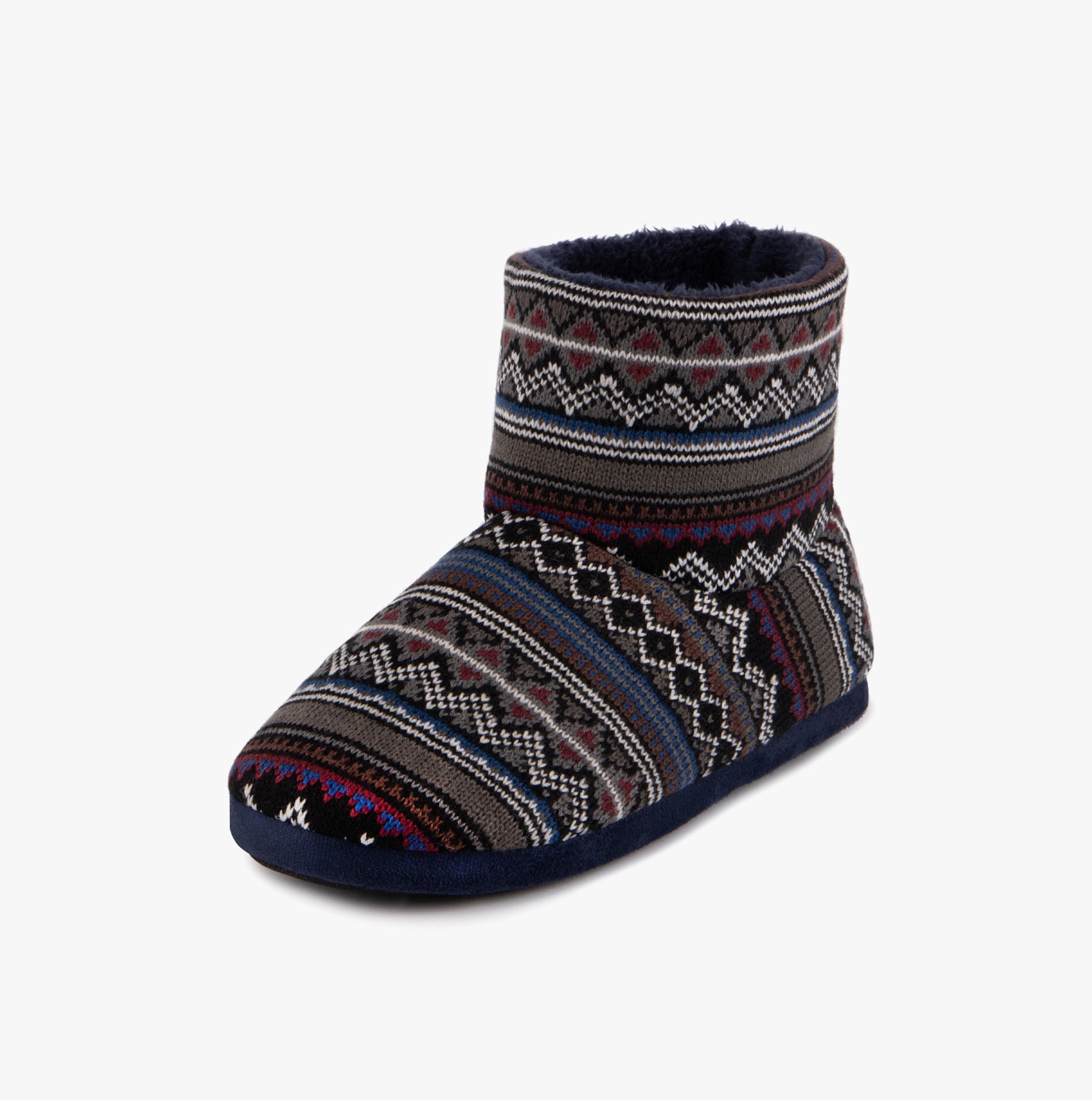 Totes Toasties FAIR ISLE BOOT Slippers Mens Multi side view showing textile upper and round toe design