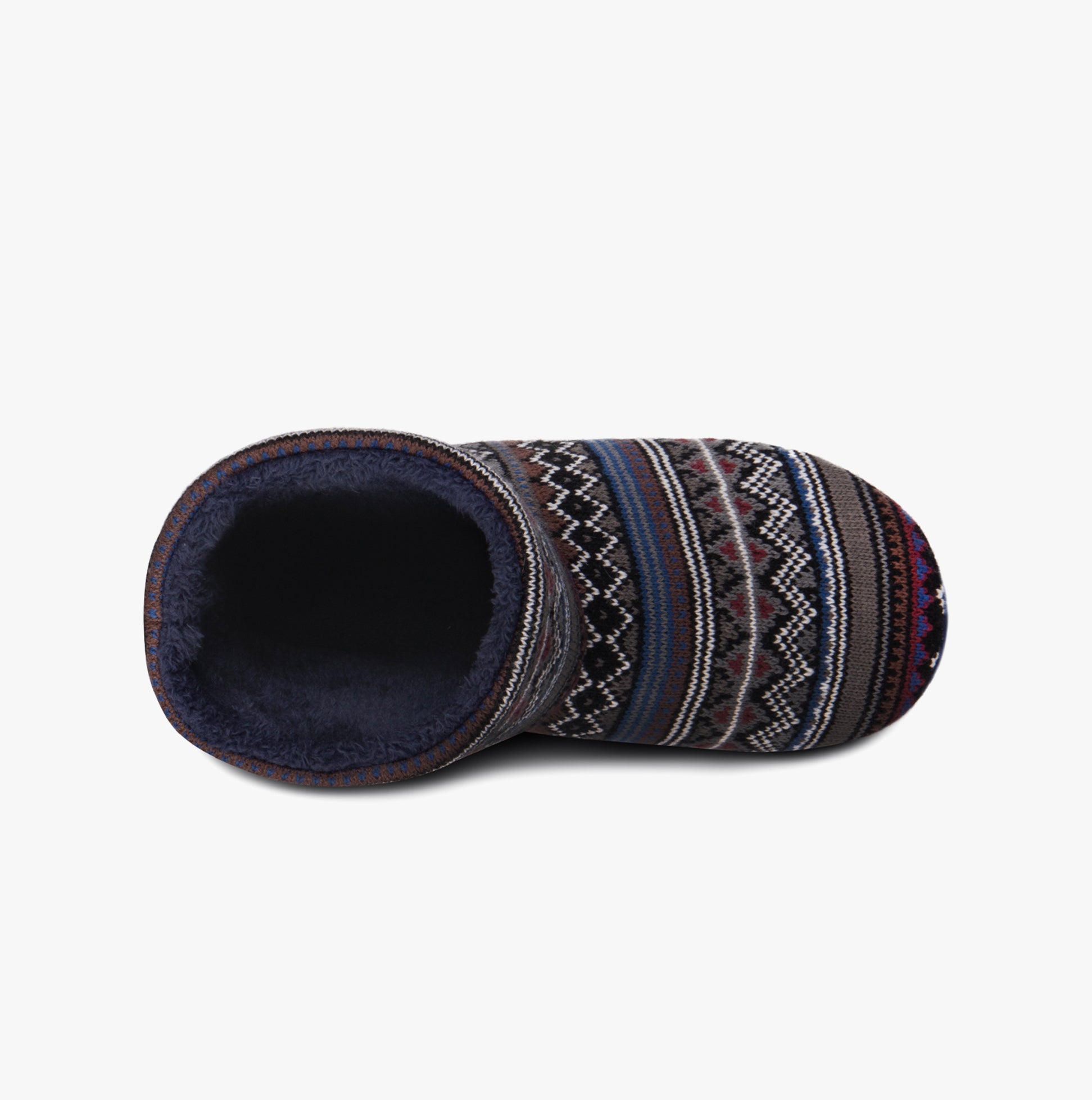Totes Toasties FAIR ISLE BOOT Slippers Mens Multi top view showcasing colorful textile design and soft lining.