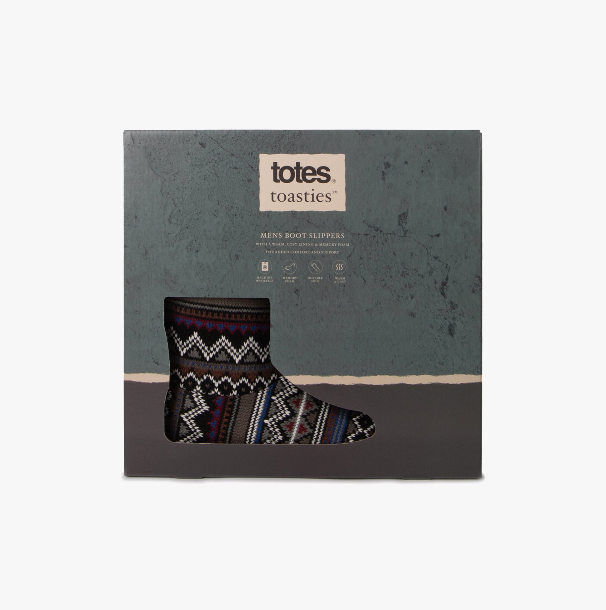Totes Toasties FAIR ISLE BOOT Slippers Mens Multi packaging side view with Fair Isle design.