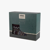 Totes Toasties FAIR ISLE BOOT Slippers Mens Multi side view in packaging box with pattern design.