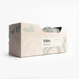 Totes Toasties KNITTED Ballet Slippers Womens Blue gift box side view with floral design.