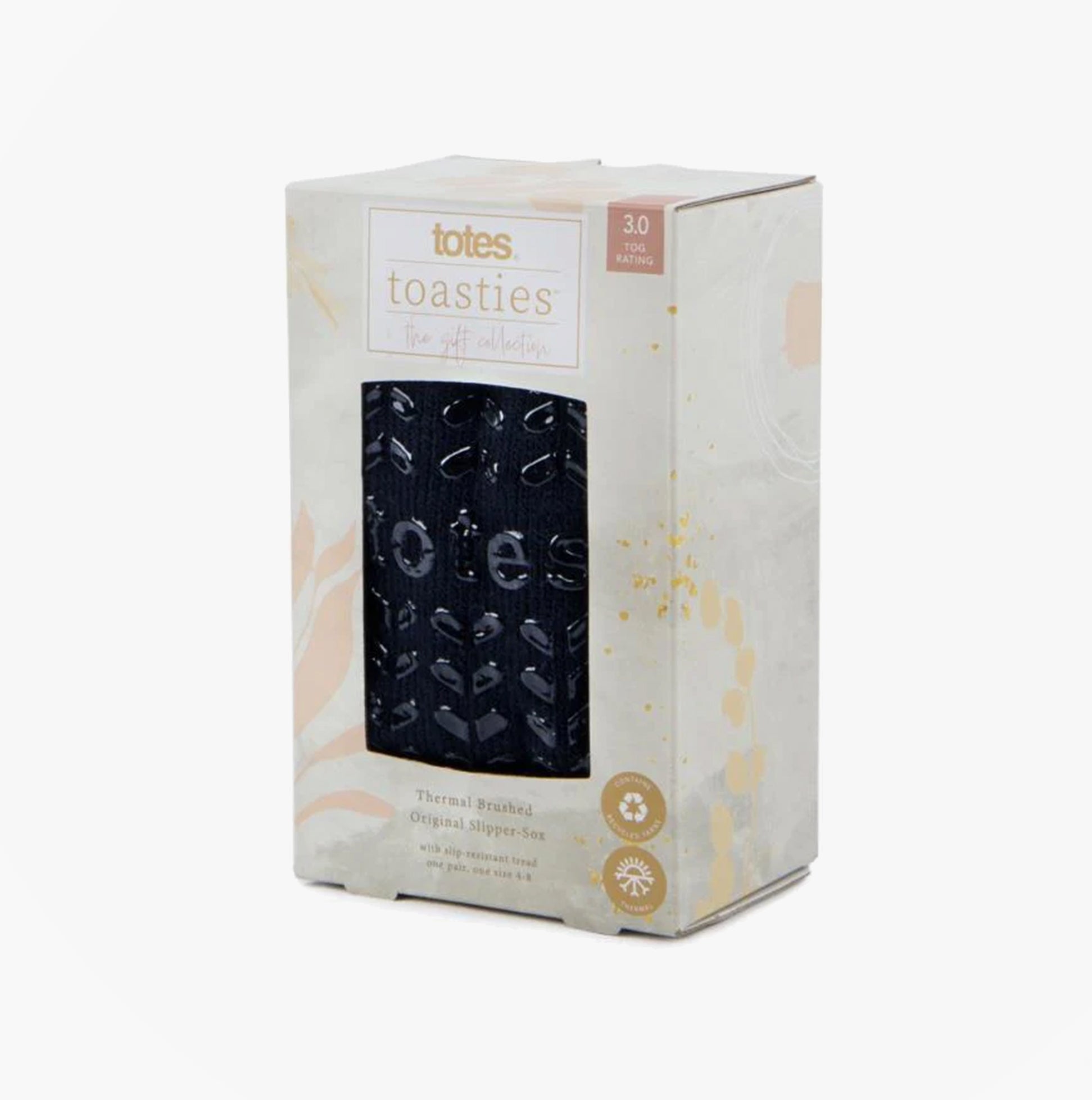 Totes Toasties 3.0 TOG THERMAL Womens Socks Navy in gift box packaging, front view featuring stylish slip-resistant design.
