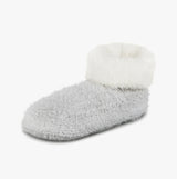 Totes Toasties KNITTED TEXTURED BOOTIES Womens Grey side view, soft slipper boots with white cuff, comfortable and warm.