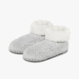 Totes Toasties KNITTED TEXTURED BOOTIES Womens Grey soft slipper boots in side view, featuring plush white cuffs.