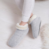 Totes Toasties KNITTED TEXTURED BOOTIES Womens Grey side view with soft lining and slip-resistant sole.