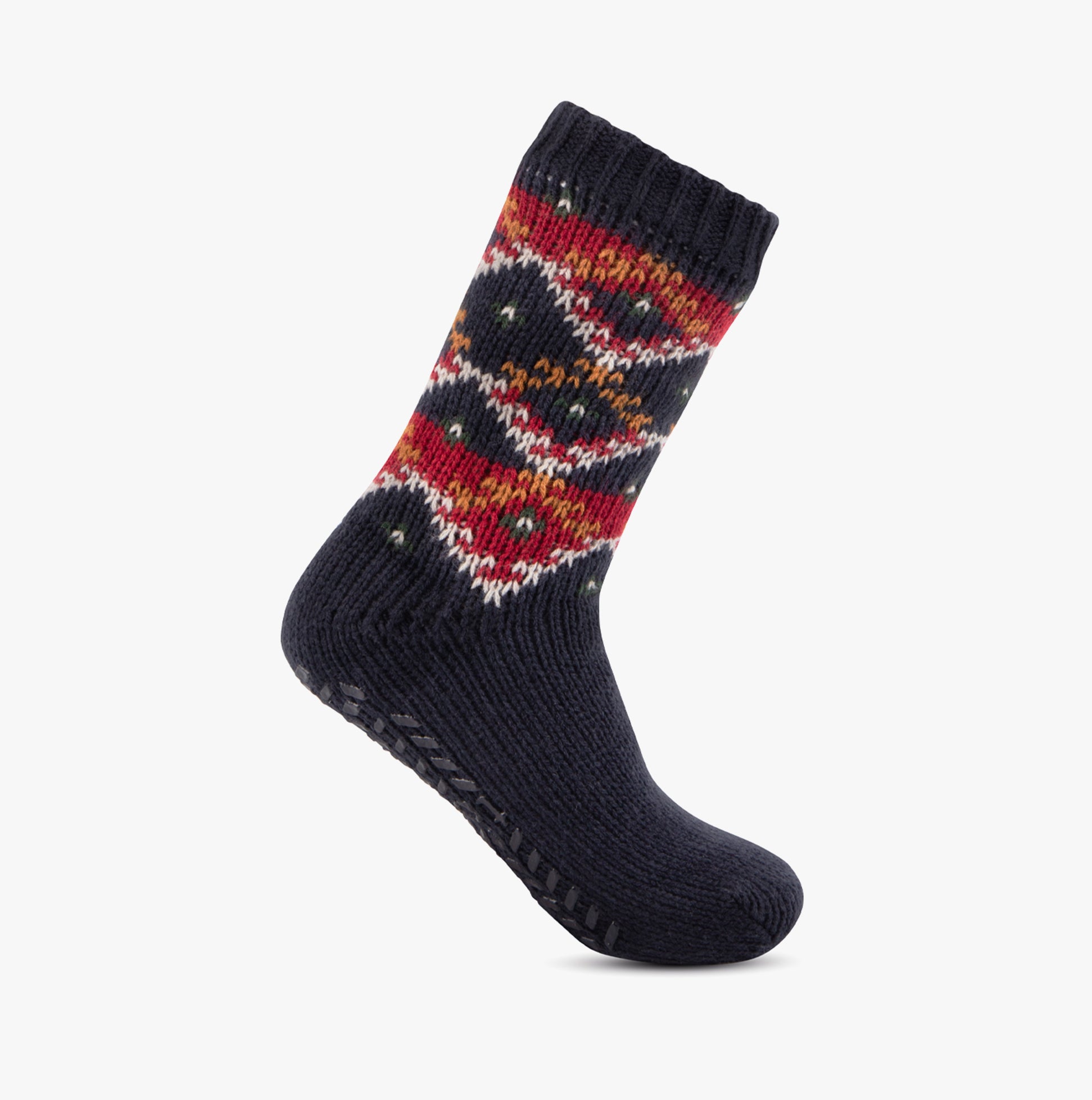 Totes Toasties SHERPA LINED FAIR ISLE SLIPPER-SOX Mens Fairisle side view showcasing navy, red, and cream pattern.