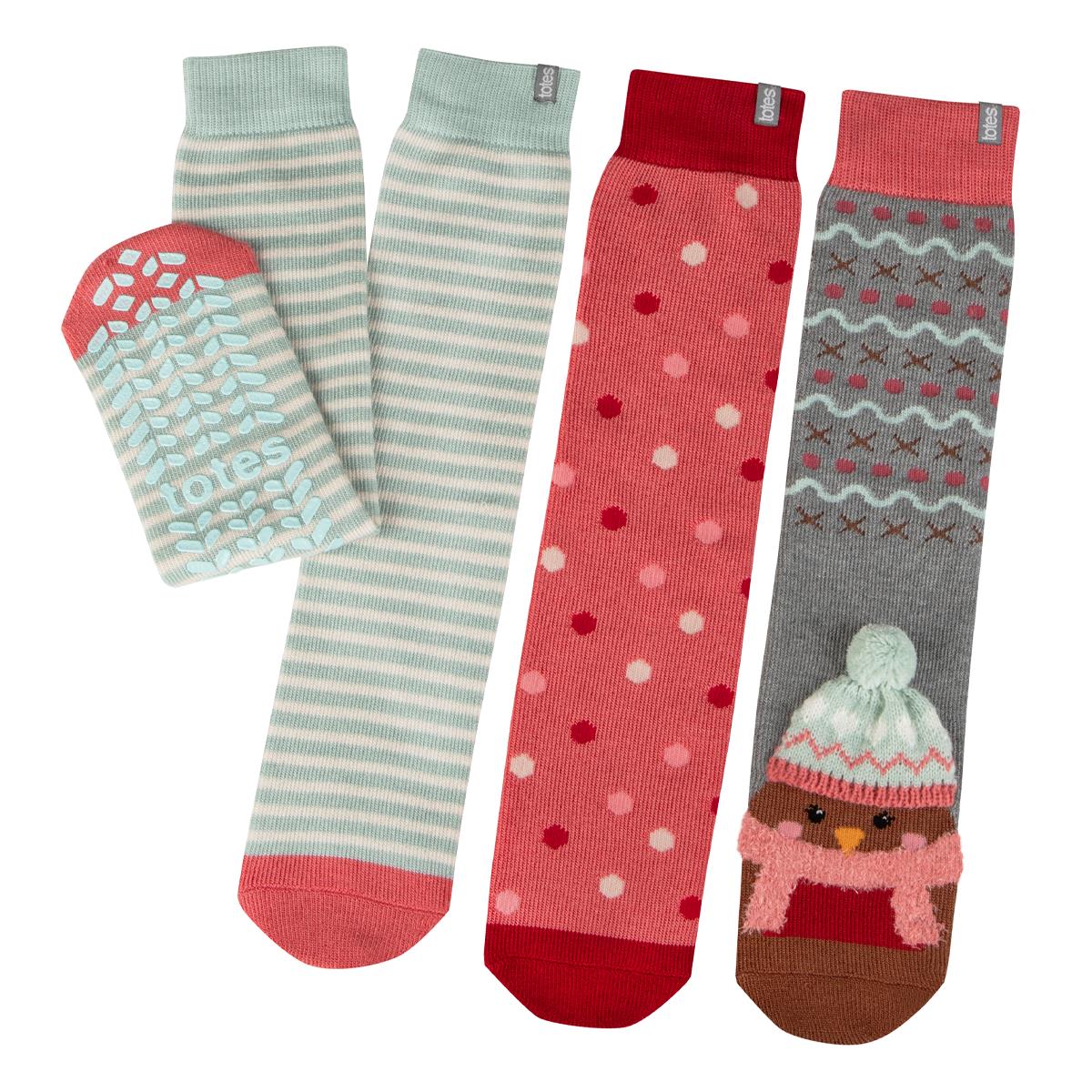 Totes Toasties ORIGINAL SLIPPER SOCKS (TRIPLE PACK) Womens Robin showing three styles: striped, polka dot, and patterned bear design.