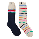 Totes Toasties WELLY BOOT SOCKS (TWIN PACK) Womens Multi side view featuring striped and solid navy designs