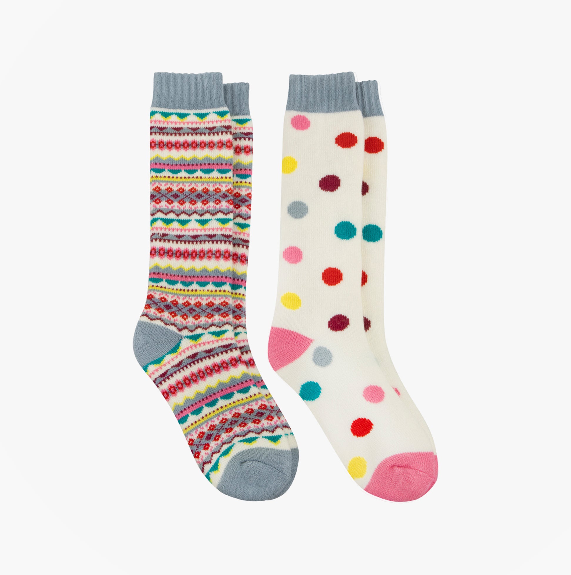 Totes Toasties WELLY BOOT SOCKS (Twin Pack) Womens Socks Multi front view with colorful patterns and polka dots.