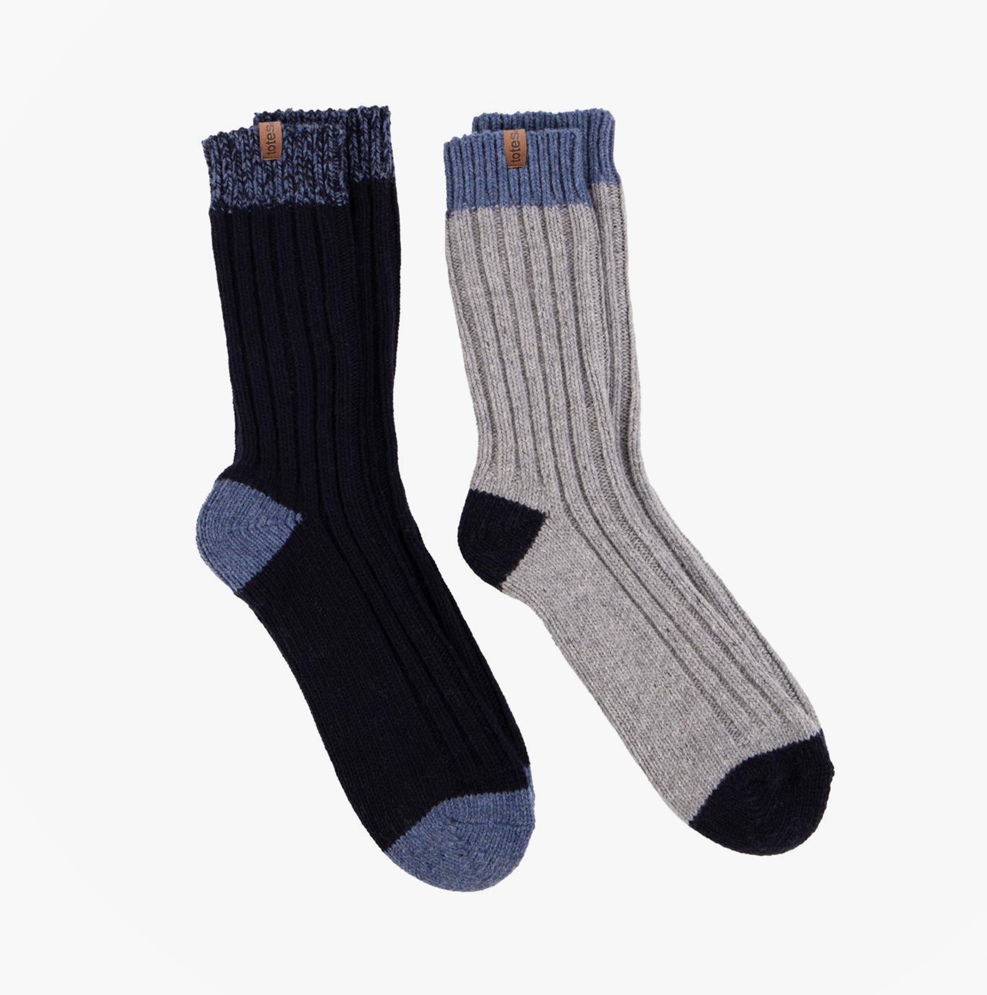 Totes Toasties CHUNKY TWIST WOOL BLEND BOOT SOCKS (TWIN PACK) Mens Navy / Grey side view showing two color options.