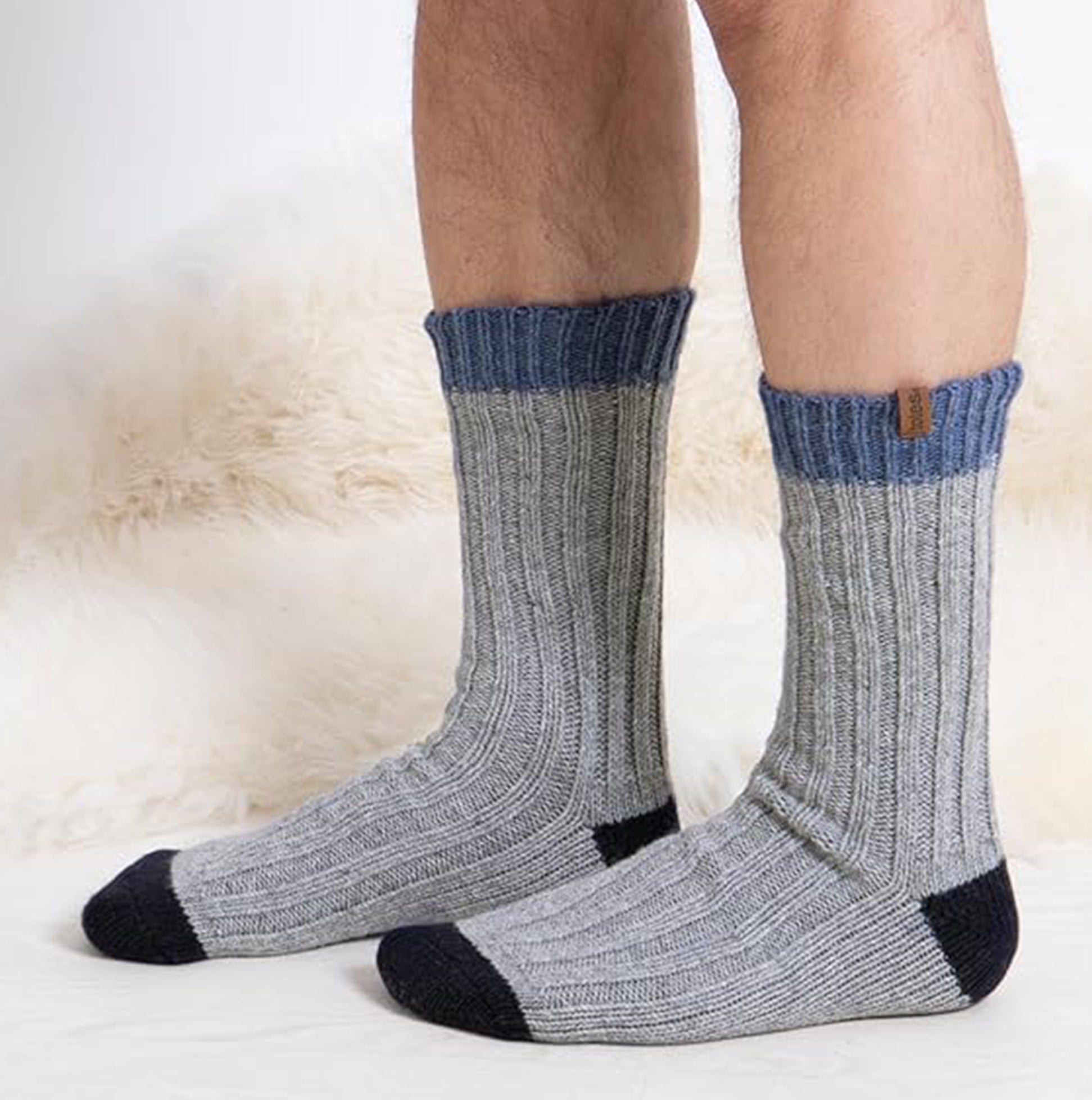 Totes Toasties CHUNKY TWIST WOOL BLEND BOOT SOCKS (TWIN PACK) Mens Navy / Grey side view worn on legs