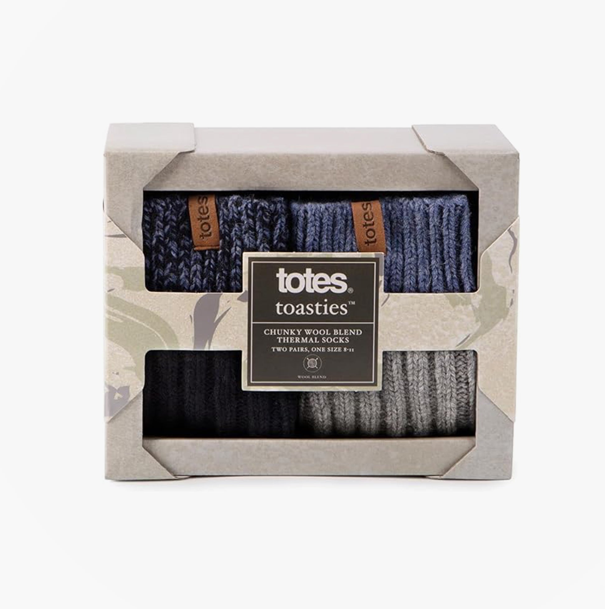 Totes Toasties CHUNKY TWIST WOOL BLEND BOOT SOCKS (TWIN PACK) Mens Navy / Grey, front view of boxed thermal socks.