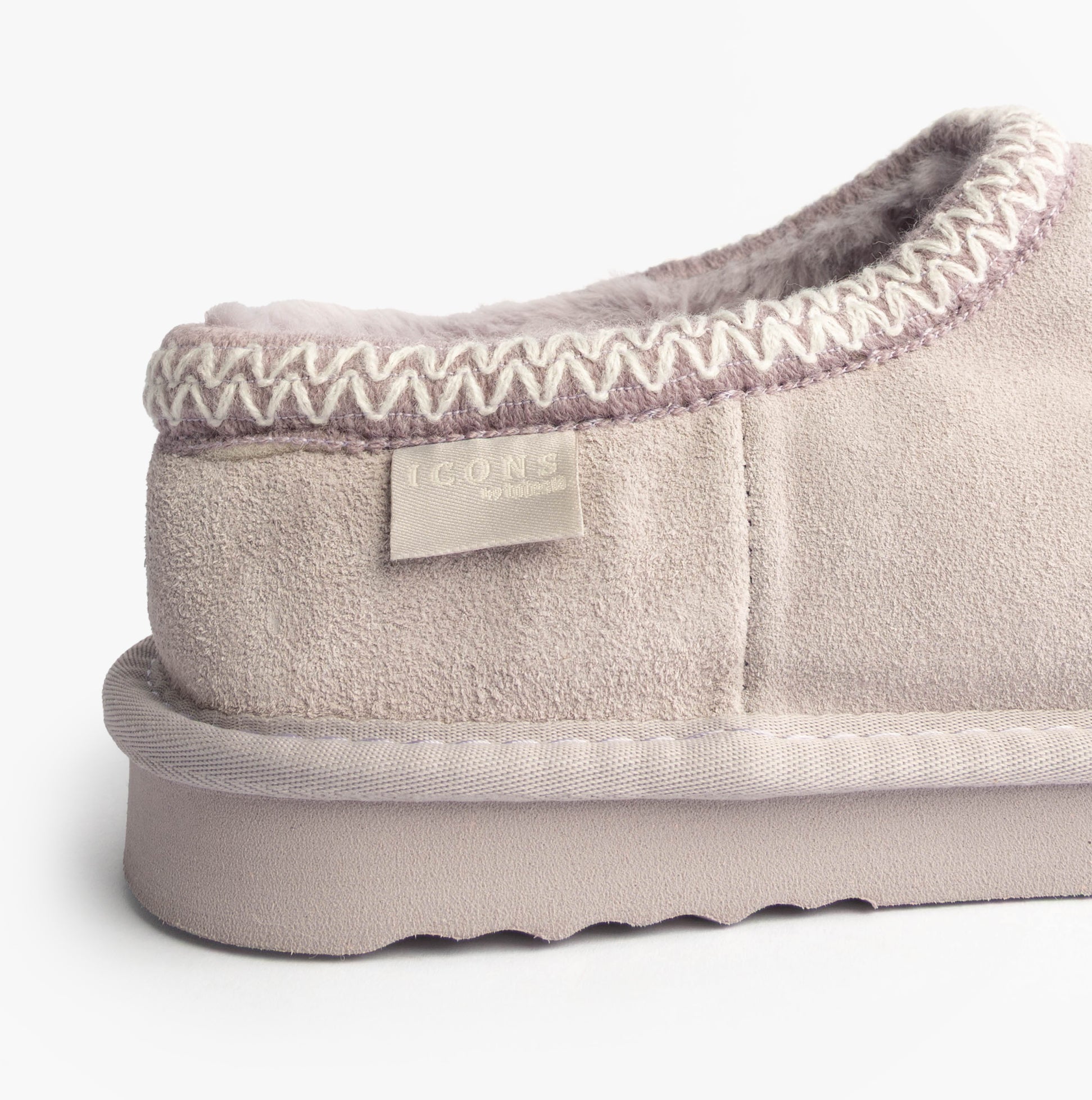 Totes Toasties ICONS SUEDE Shoot Slippers Womens Lilac side view showing suede upper and memory foam lining.