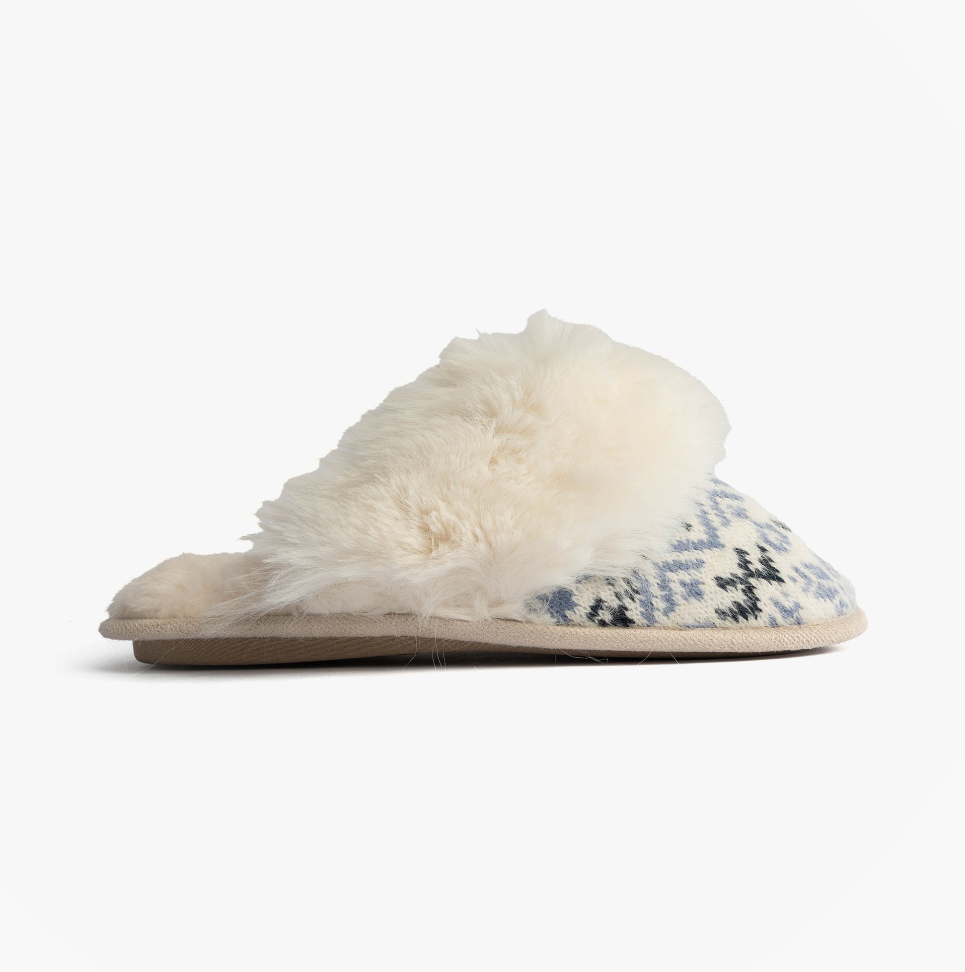 Totes Toasties FAIR ISLE KNIT Mule Slippers Womens Blue side view showcasing plush fur and knitted design.