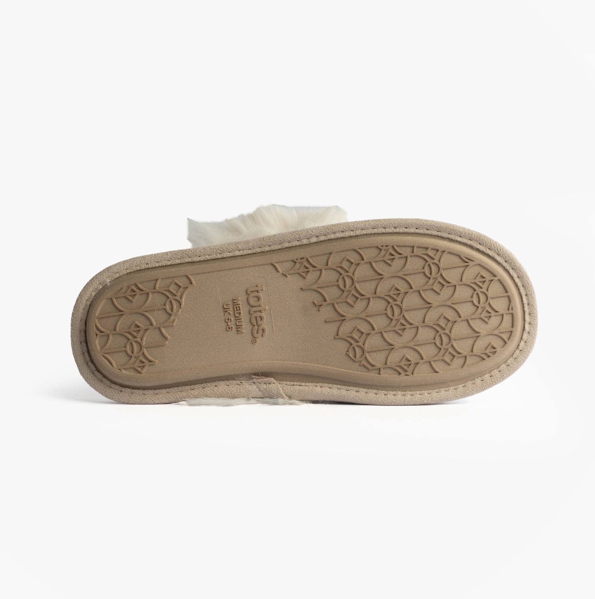 Totes Toasties FAIR ISLE KNIT Mule Slippers Womens Blue bottom view showing textured sole design.