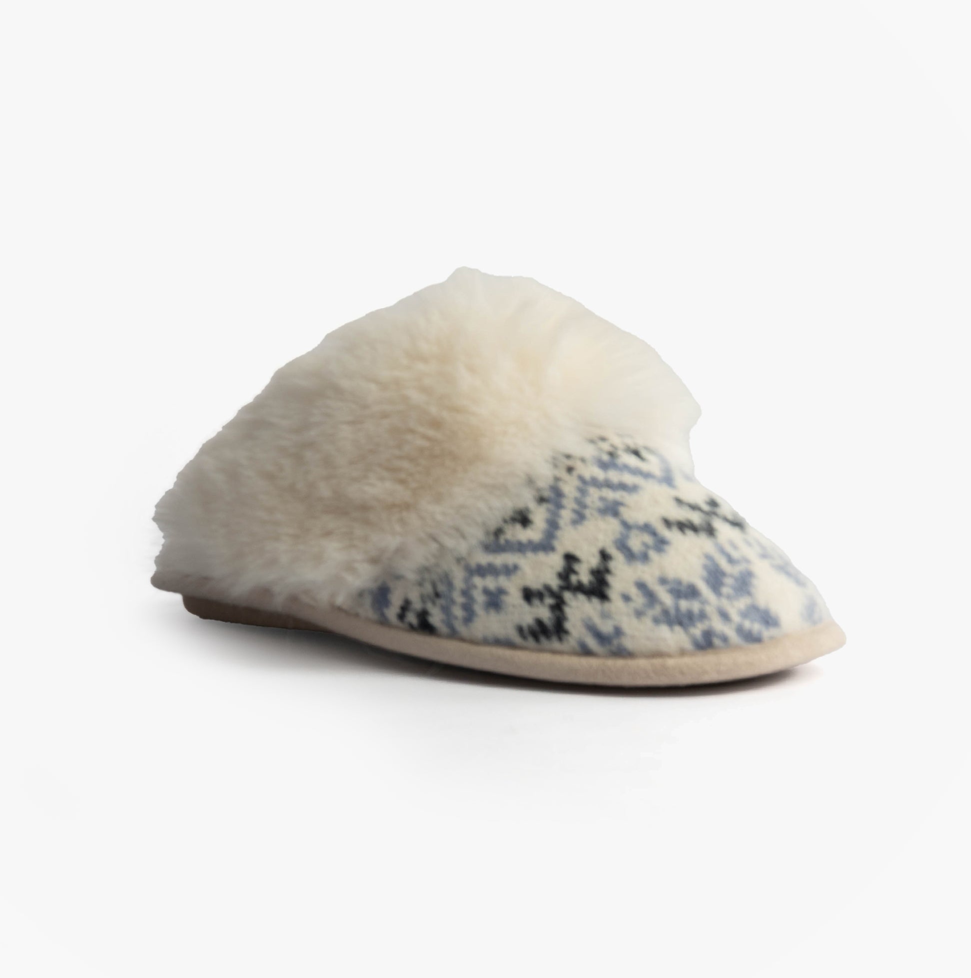 Totes Toasties FAIR ISLE KNIT Mule Slippers Womens Blue side view with knitted design and plush lining