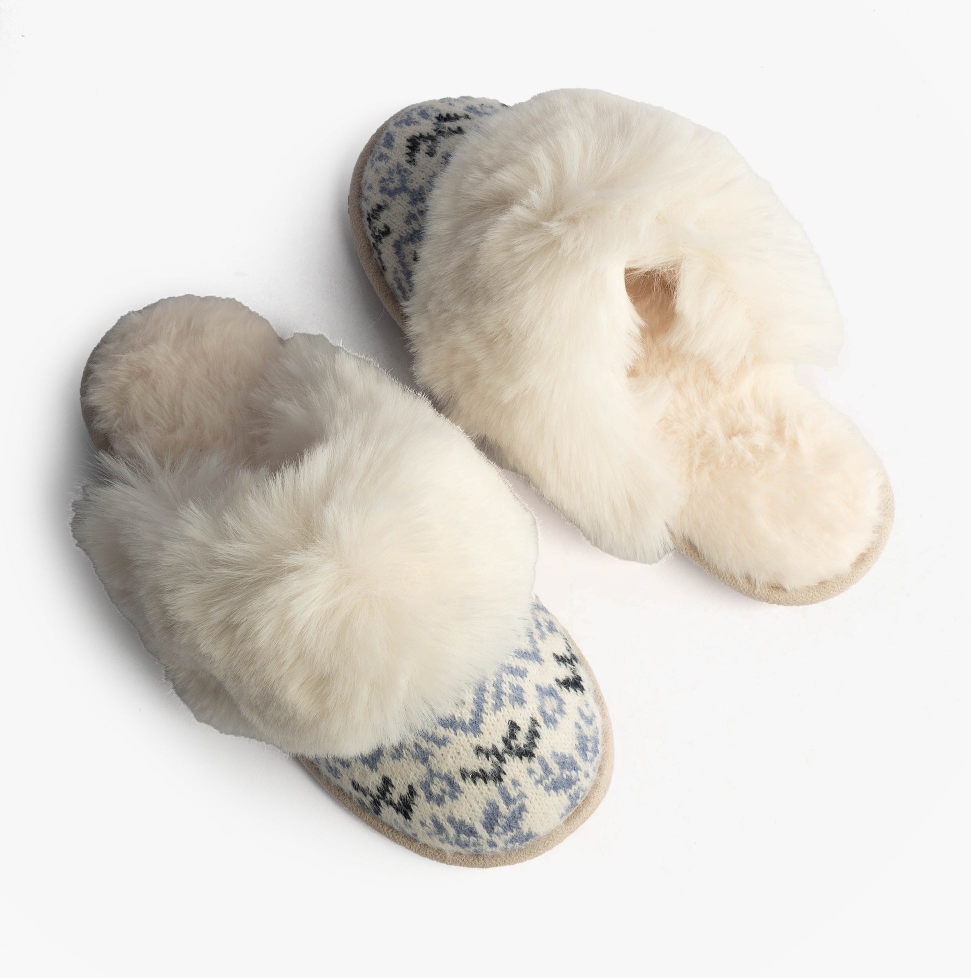 Totes Toasties FAIR ISLE KNIT Mule Slippers Womens Blue top view showing knit design and fluffy lining.